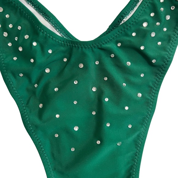 Emerald Green Rhinestone Triangle High Cut Cheeky Bikini Set - Picture 8 of 10
